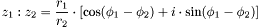 \[ z_1:z_2 = \frac{r_1}{r_2}\cdot[\cos(\phi_1-\phi_2)+i \cdot \sin(\phi_1-\phi_2)] \]